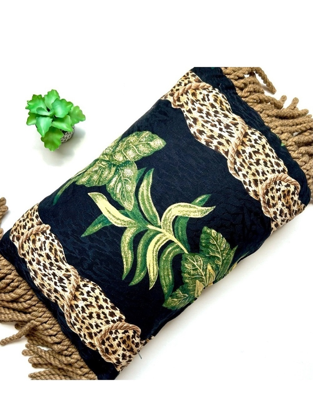 Vintage 1990s Anju Woodridge Jungle Vine Leopard Print Tassel Accent Pillow